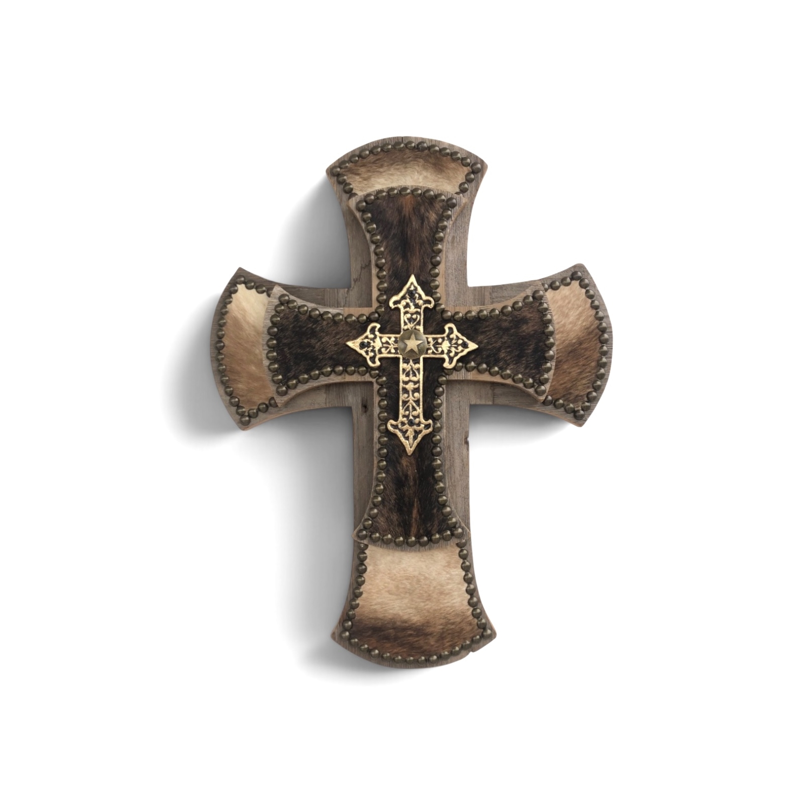 Western Cowhide Stacked Barn Wood Wall Cross 